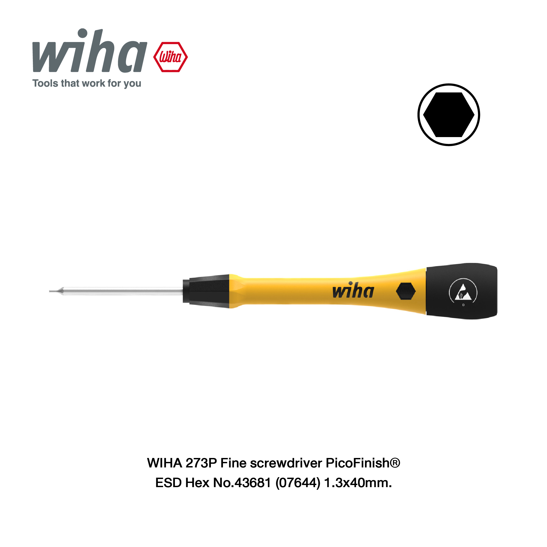 WIHA 273P Fine screwdriver PicoFinish® ESD ไขควงหกเหลี่ยม Hex No.43681 (07644) 1.3x40mm.